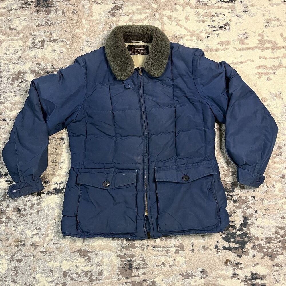 Eddie Bauer Expedition Quilted Navy GOOSE DOWN Fur Collar Puffer Jacket M 70-80s